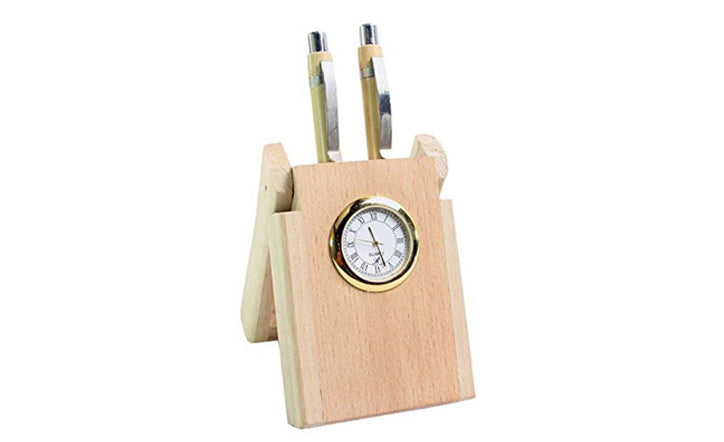 Wooden pen stand with clock image 0